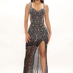 Fashion Nova Black Embellished Cutout Mesh Maxi Dress